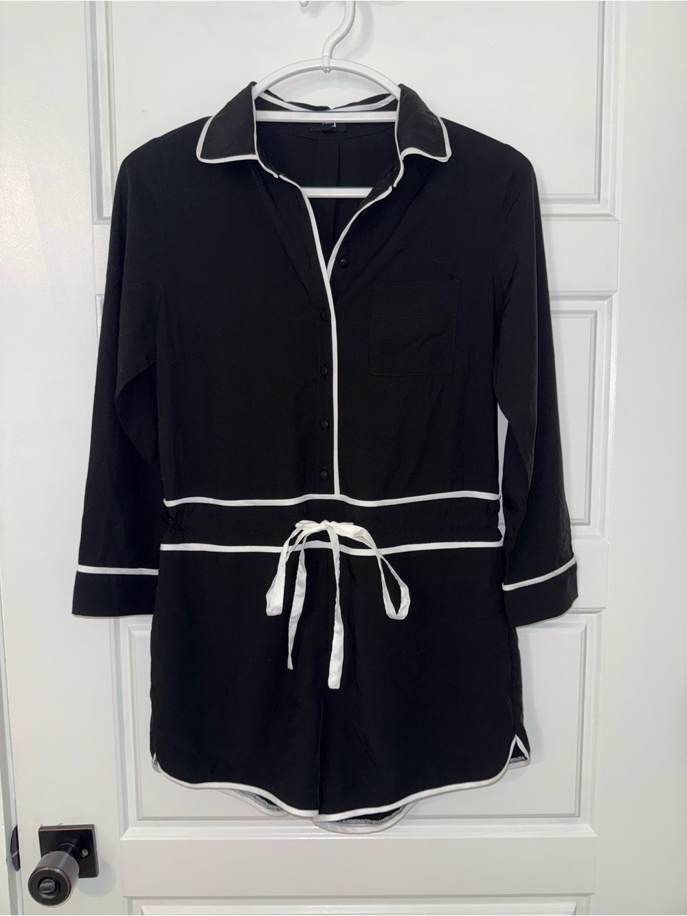Black Short Romper with White Piping and Drawstring Waist